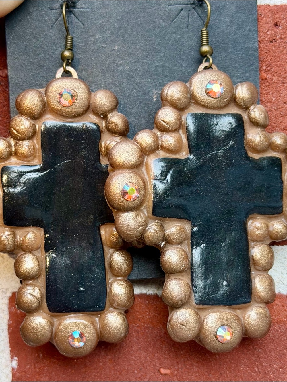Same Spirit Gold Bubble Cross Earrings W/ Black Inset